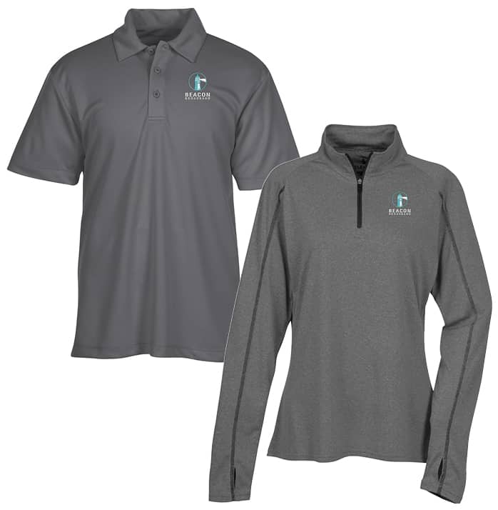 Performance polo shirt and quarter-zip pullover, both with logos.
