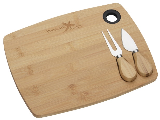 Bamboo cheese board with a logo.