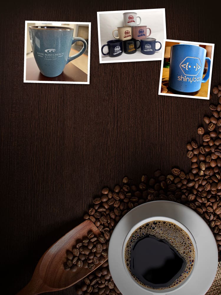 Collage of coffee mugs and coffee beans