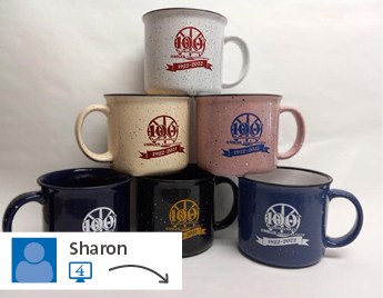 Pyramid of six branded camping coffee mugs