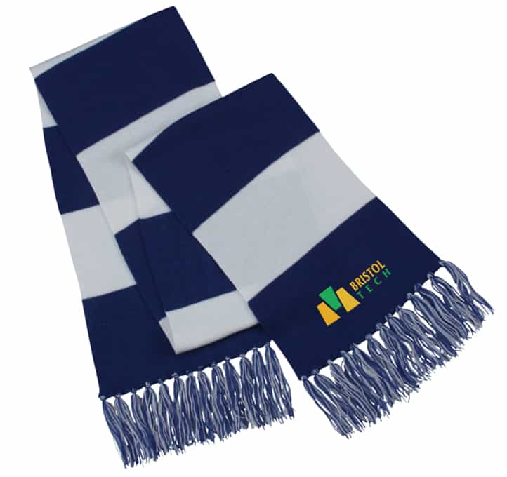 Blue and white striped branded scarf with fringe