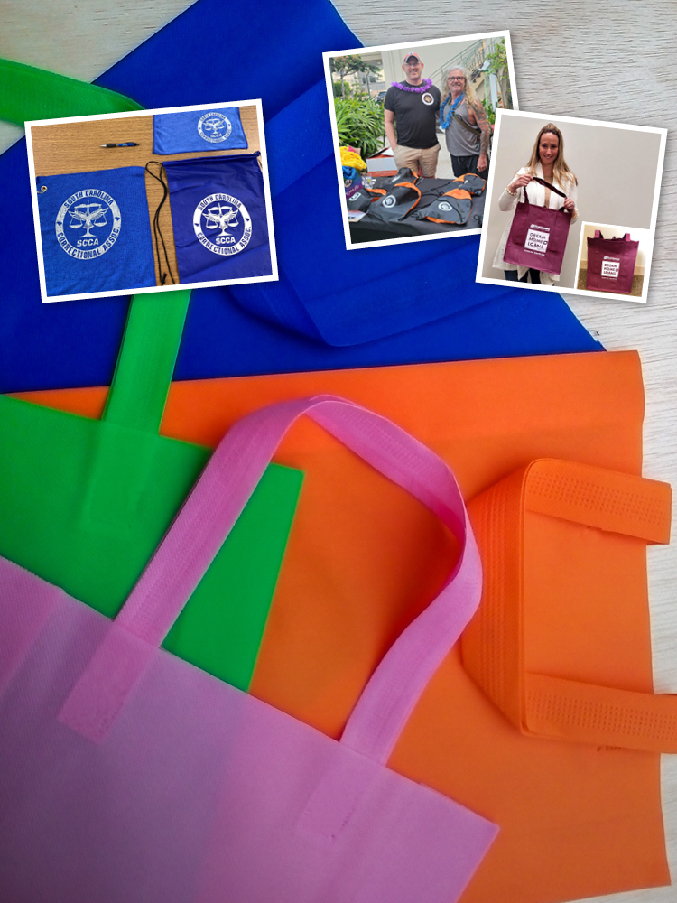 Collage of different bags in background, with colorful tote bags in foreground.