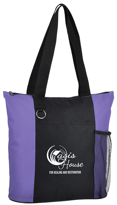 Black and purple tote bag with Oasis logo on it