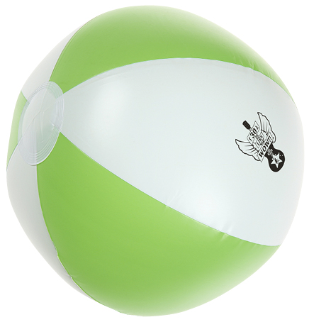 Green and white promotional beach ball with logo on it