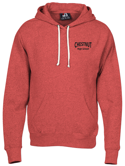 Red hooded sweatshirt with logo on side chest