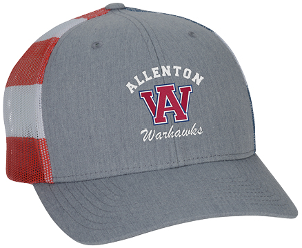 Gray hat with red and white stripes on back and logo on front