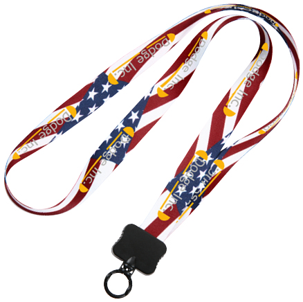 lanyard with American flags and logos printed on it