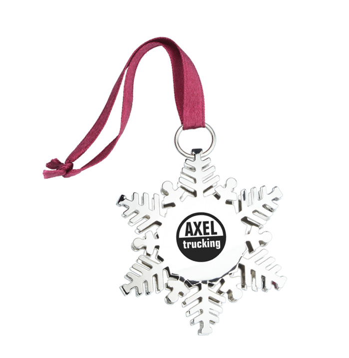 snowflake ornament with custom logo in the center of it