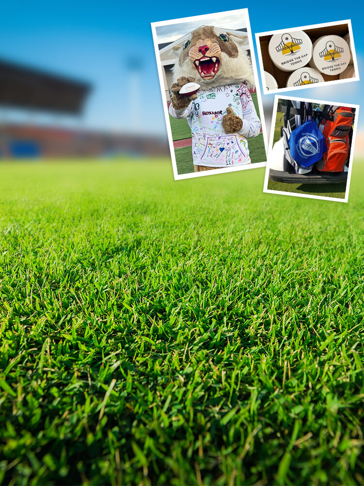 Photo collage of mascot holding foam football and golf bag on back of cart.