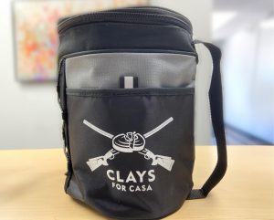 Black cooler bag with sport organization's name and logo imprinted on it.