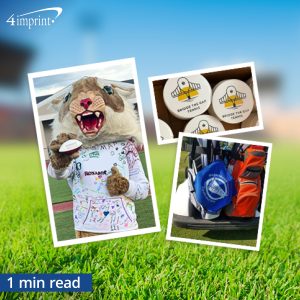 Photo collage of mascot holding foam football and golf bag on back of cart.