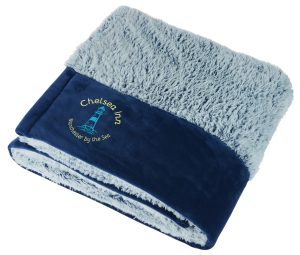 Blue super soft plush branded blanket.