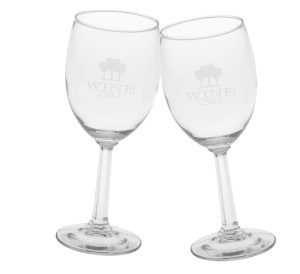 Two wine glasses with custom company logo etched on them