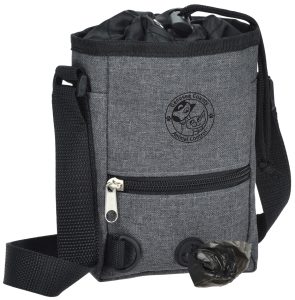 Small branded pet treat carrier with shoulder strap and bag dispensers.