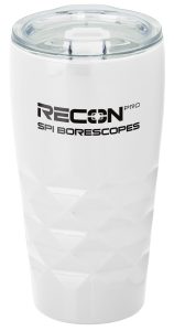 White travel drink tumbler with company name and logo on it.