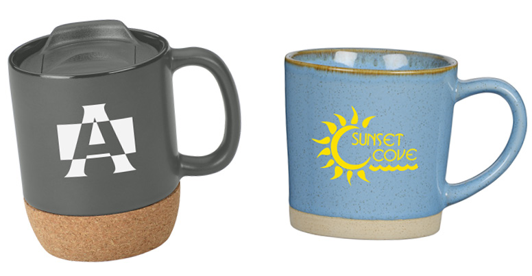 two mugs with custom company logos imprinted on them