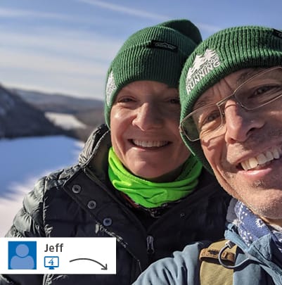 A website post from Jeff with two people in branded beanies