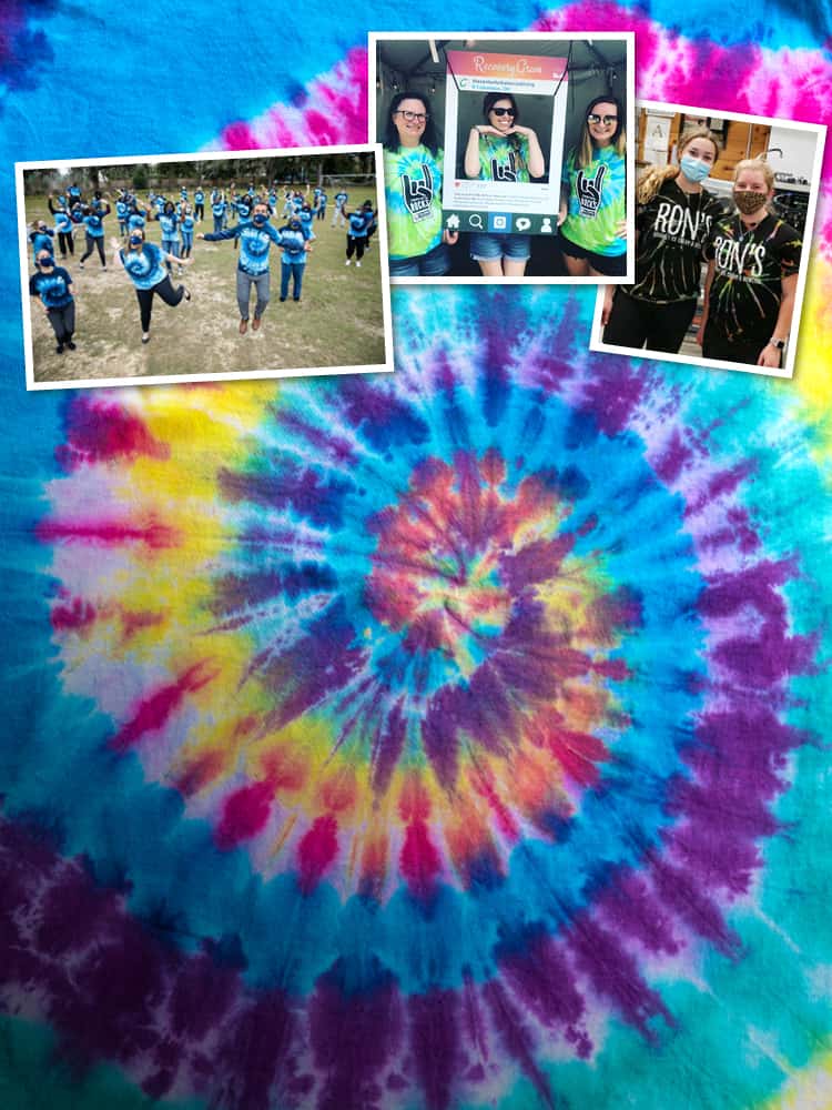 Collage of people in tie-dye shirts.