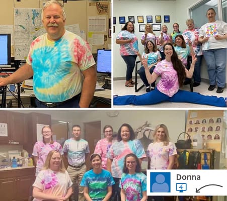 A collage of people in tie-dye shirts.