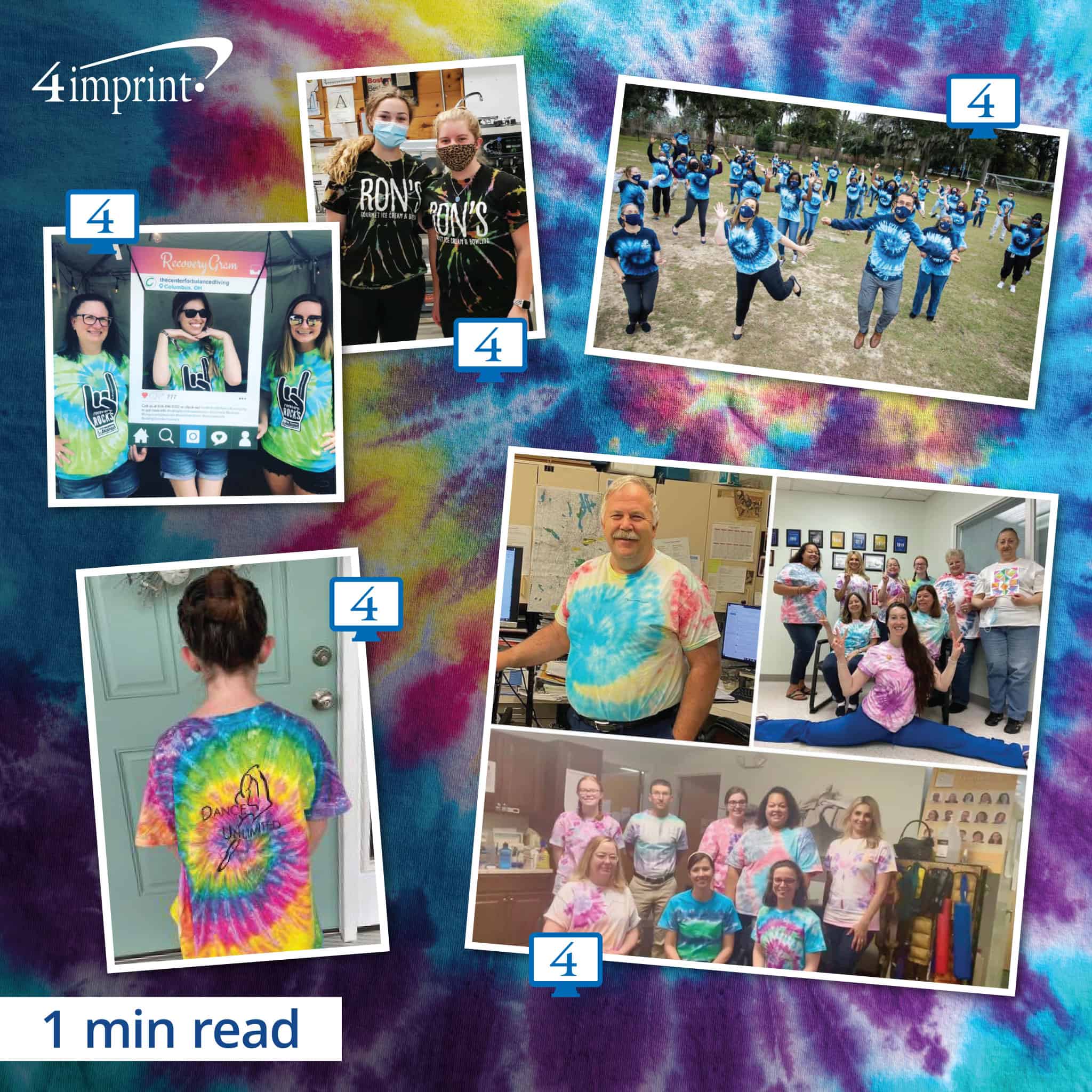 Collage of people in tie-dye shirts.