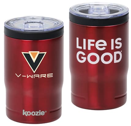 A red tumbler with a logo.