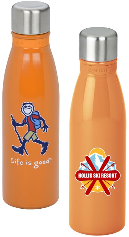 An orange water bottle with a logo.