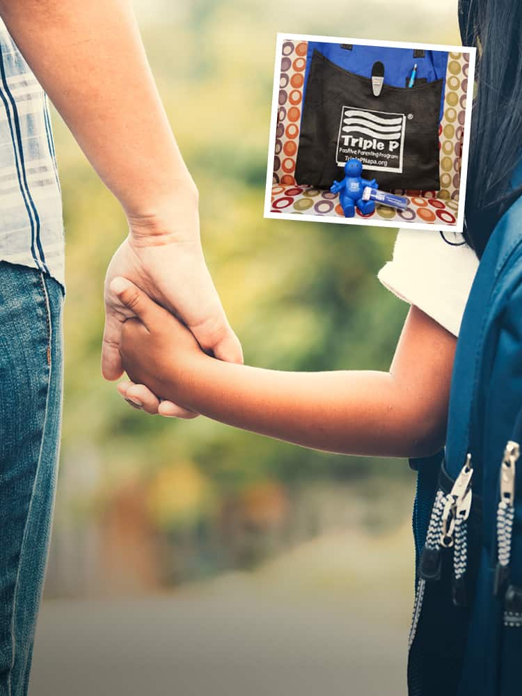 A parent and child holding hands with an overlay of promotional products with logos.