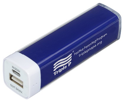 A blue power bank with a logo.