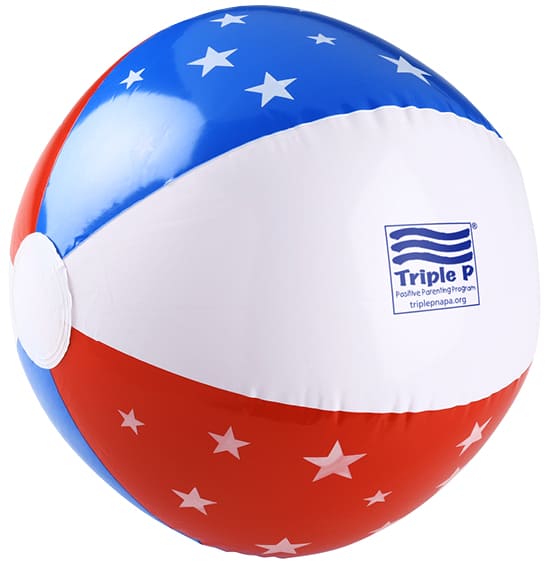 A red, white and blue inflatable beach ball with a logo.