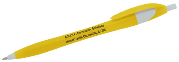 A yellow pen with a logo.