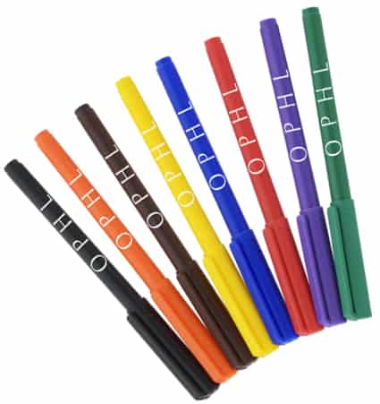 A set of eight color markers with logos.