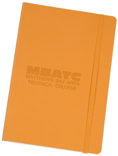An orange notebook with a logo.