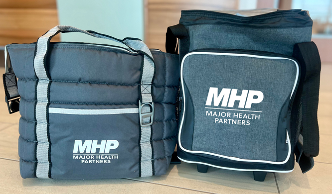 a flex cooler and a rolling cooler both with MHP logo imprinted on them