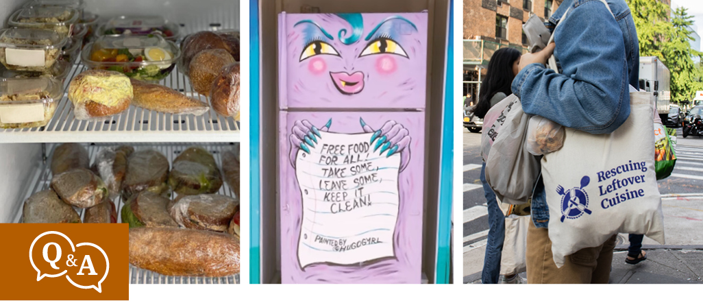 Collage of food, community fridge, volunteer - start of story Q&A