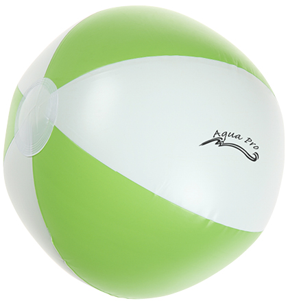 green and white beach ball with company logo printed on it