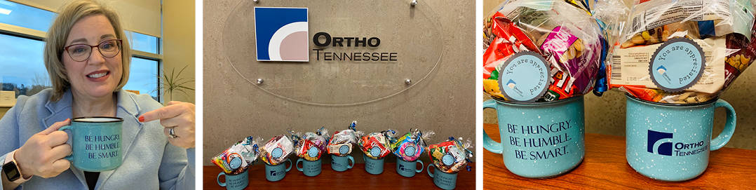 three pictures of OrthoTennessee branded mugs filled with snacks