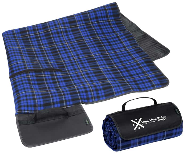 blue branded picnic blanket