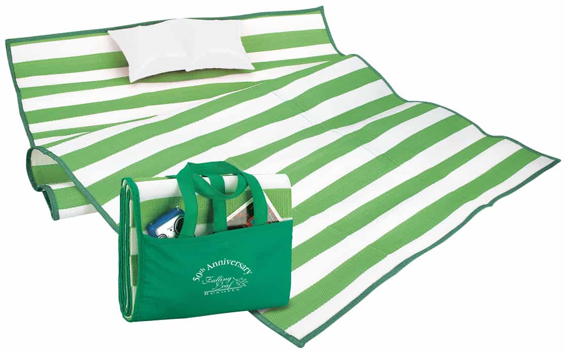 large green and white striped branded beach mat