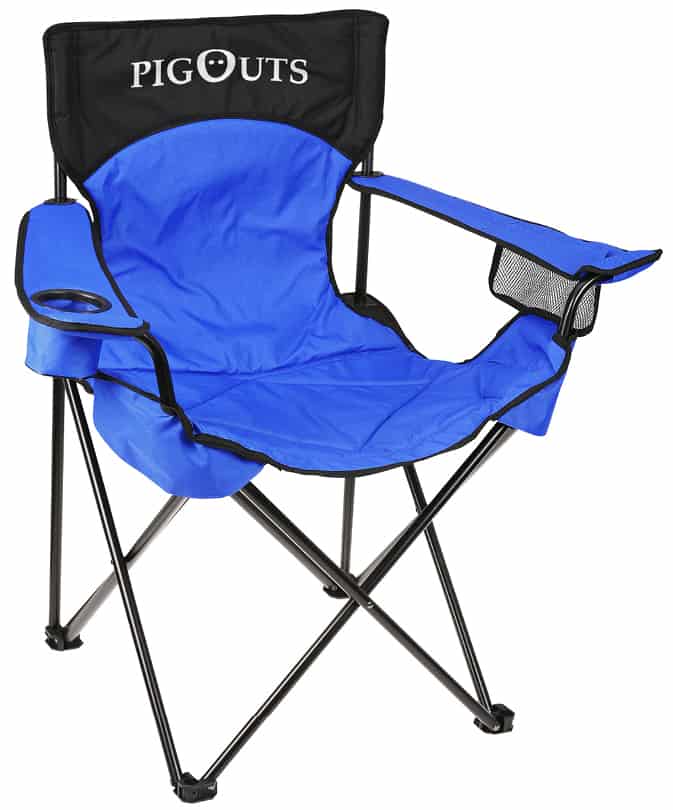 Blue bag chair with company logo on back