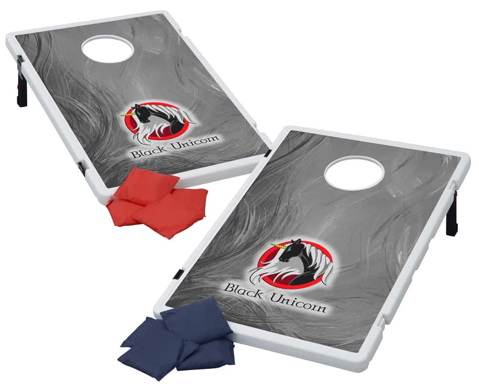 two branded bean bag game boards with red and blue bean bags for tossing