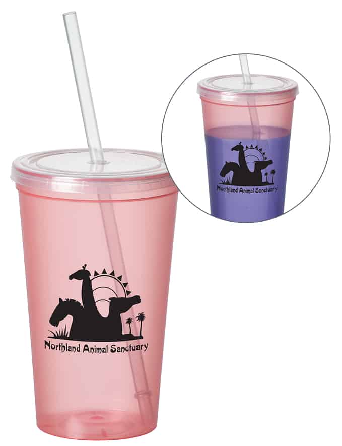 Branded tumbler with straw - shown with and without beverage see color changing feature
