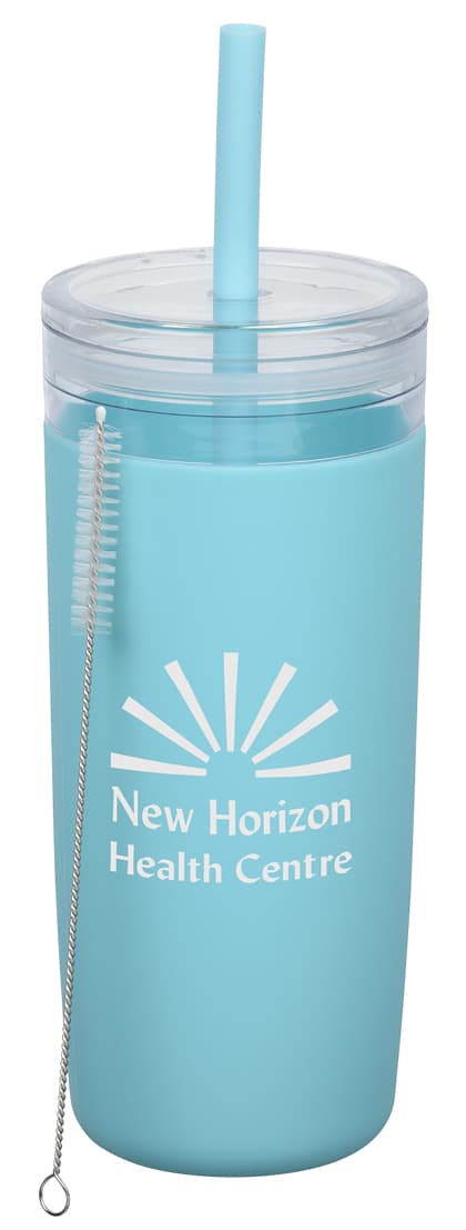 Blue branded tumbler with silicone straw and cleaning brush