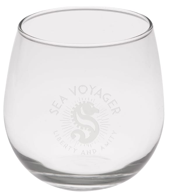 Stemless Wine Glass with etched logo on front