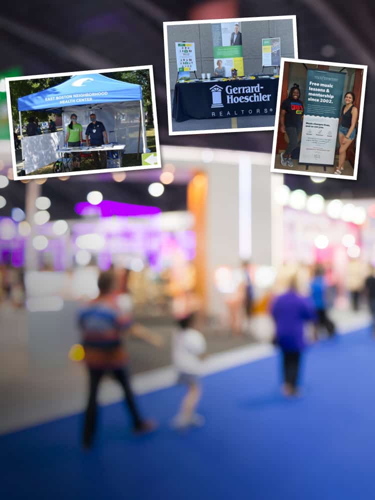 blurred image of trade show event with overlay pictures of branded booths