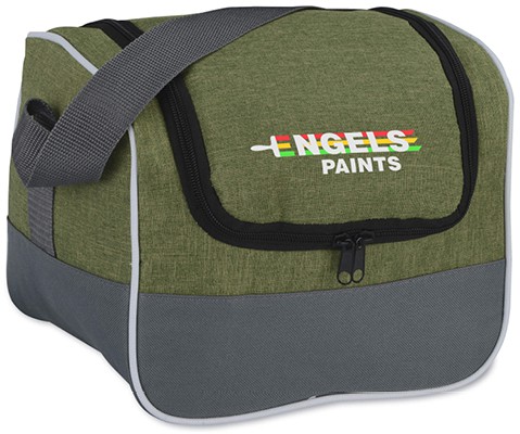 Green and gray lunch cooler branded with "ENGELS PAINTS"