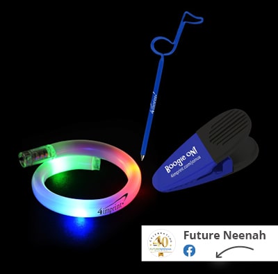 fun swag items for Boogie Downtown event - light up bracelet, music note pen and branded chip clip.