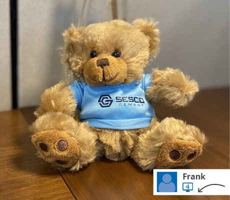 stuffed animal teddy bear wearing a branded t-shirt.