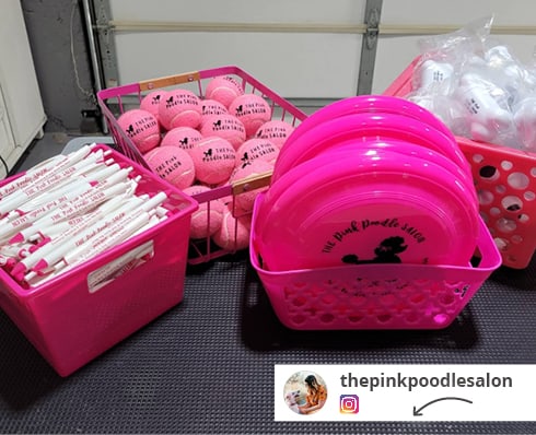multiple pink bins filled with fun swag items, including frisbees, tennis balls and pens.