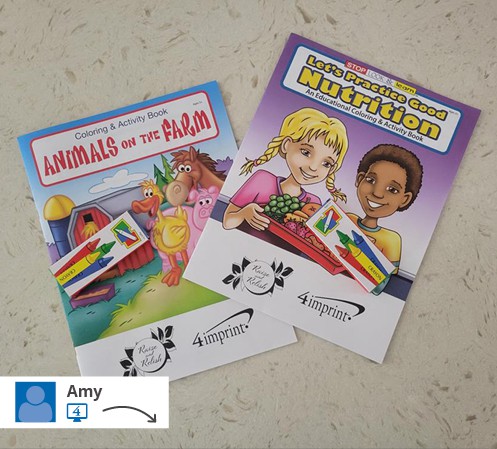 coloring and activity books for kids with company branding on the covers.