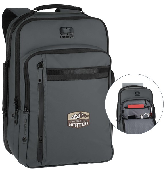 OGIO laptop backpack shown with bag closed and open to show pockets available inside